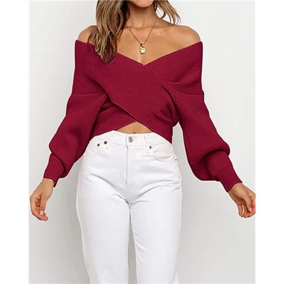 Women Casual V Neck Long Sleeve Sweaters Solid Wine Red - Picture 3 of 6